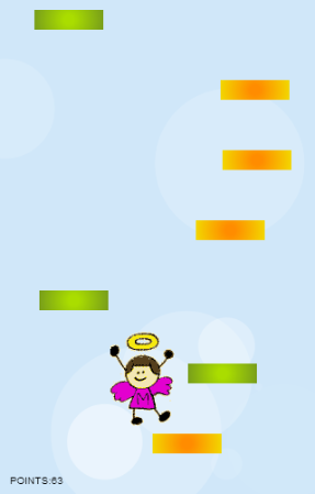 a figur jumps over clouds